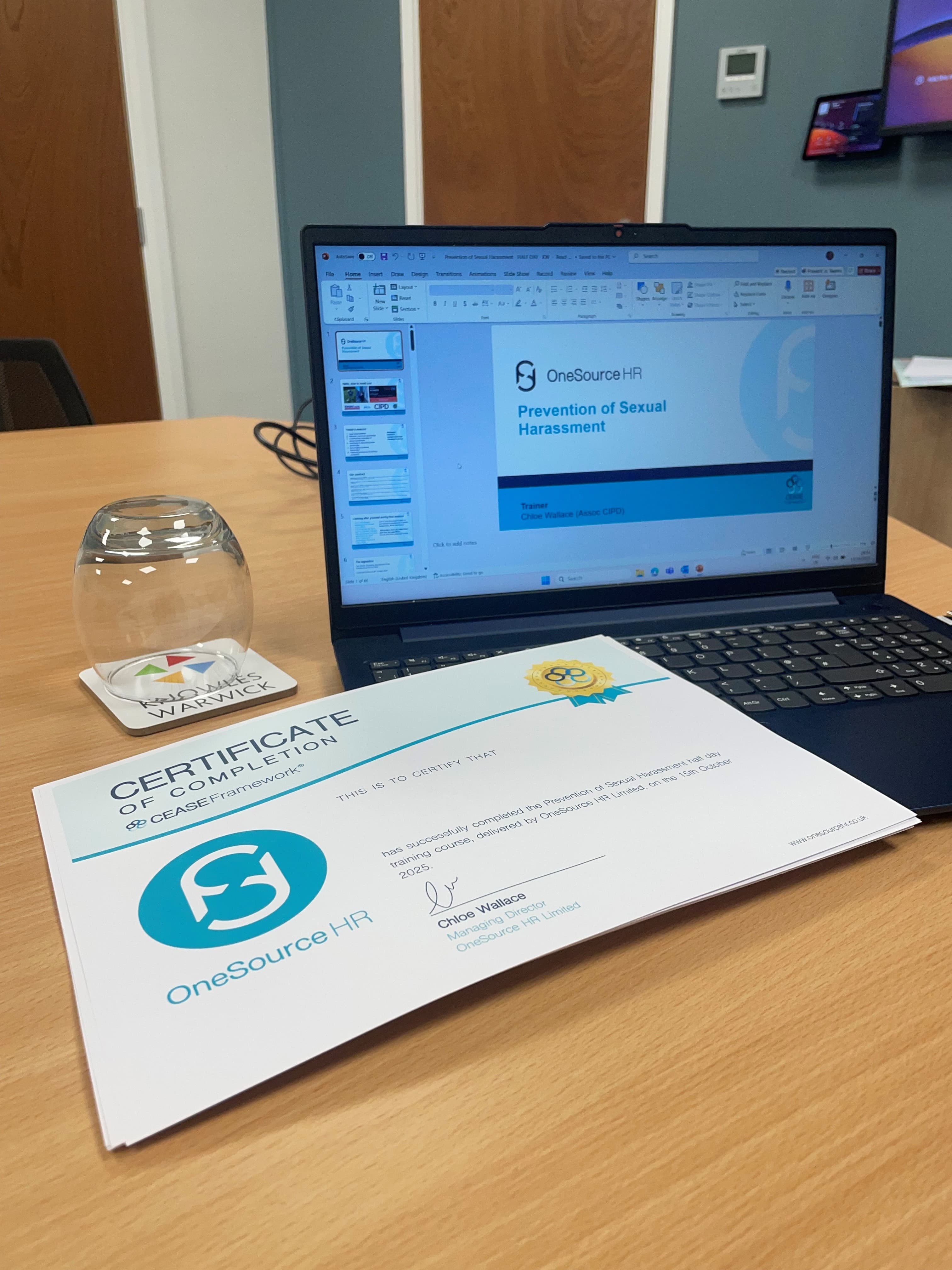 OneSource HR Prevention of Sexual Harassment training materials and CEASE Framework certificate